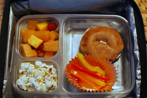 Cream Cheese Bagel with popcorn, fruit salad, and peppers_opt