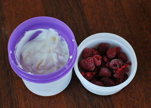 Plain Greek Yogurt with a little honey and organic frozen raspberries to add in at snack time.  This insulated freezer container is great for yogurt!