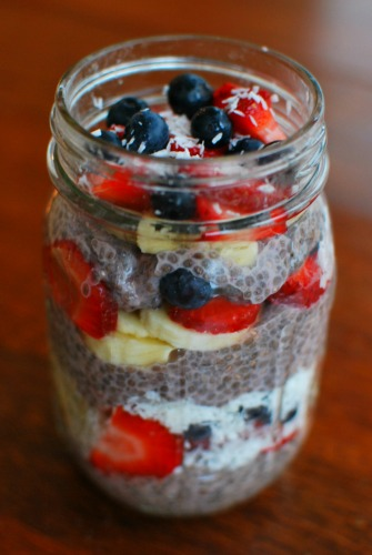 Had this one quite a few times lately!  Chia pudding layered with strawberries, blueberries, and bananas.  SO good!