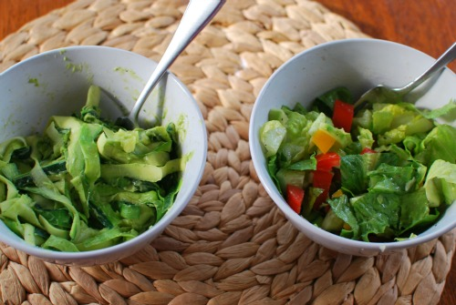 Zucchini "noodles" lightly sauteed and topped with avocado/garlic/lemon/basil sauce.  Served with mixed green salad.