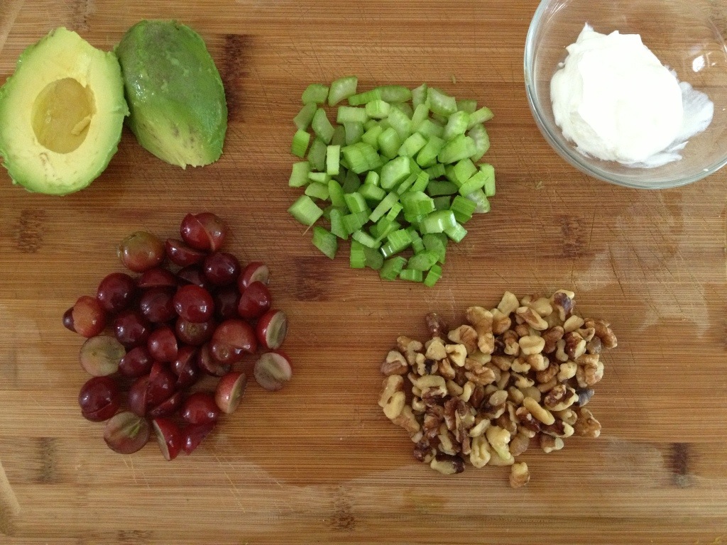 avocado, Greek yogurt, red grapes, diced celery, and chopped walnuts