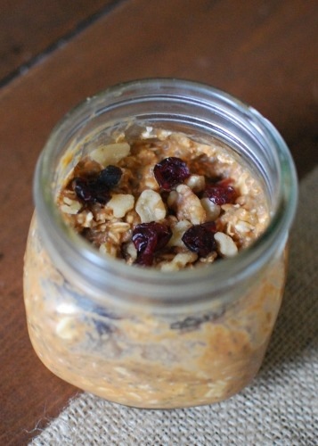 Overnight Pumpkin Oats with cranberries and walnuts