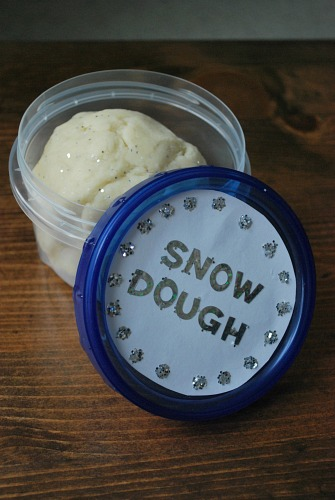 snow dough with a glitter label